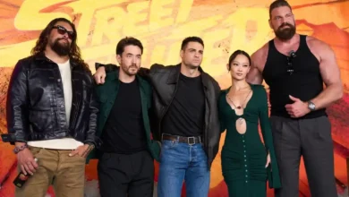 Noah Centineo, Andrew Koji, Callina Liang, Jason Momoa and Olivier Richters at the Street Fighter photocall on Leake Street, London